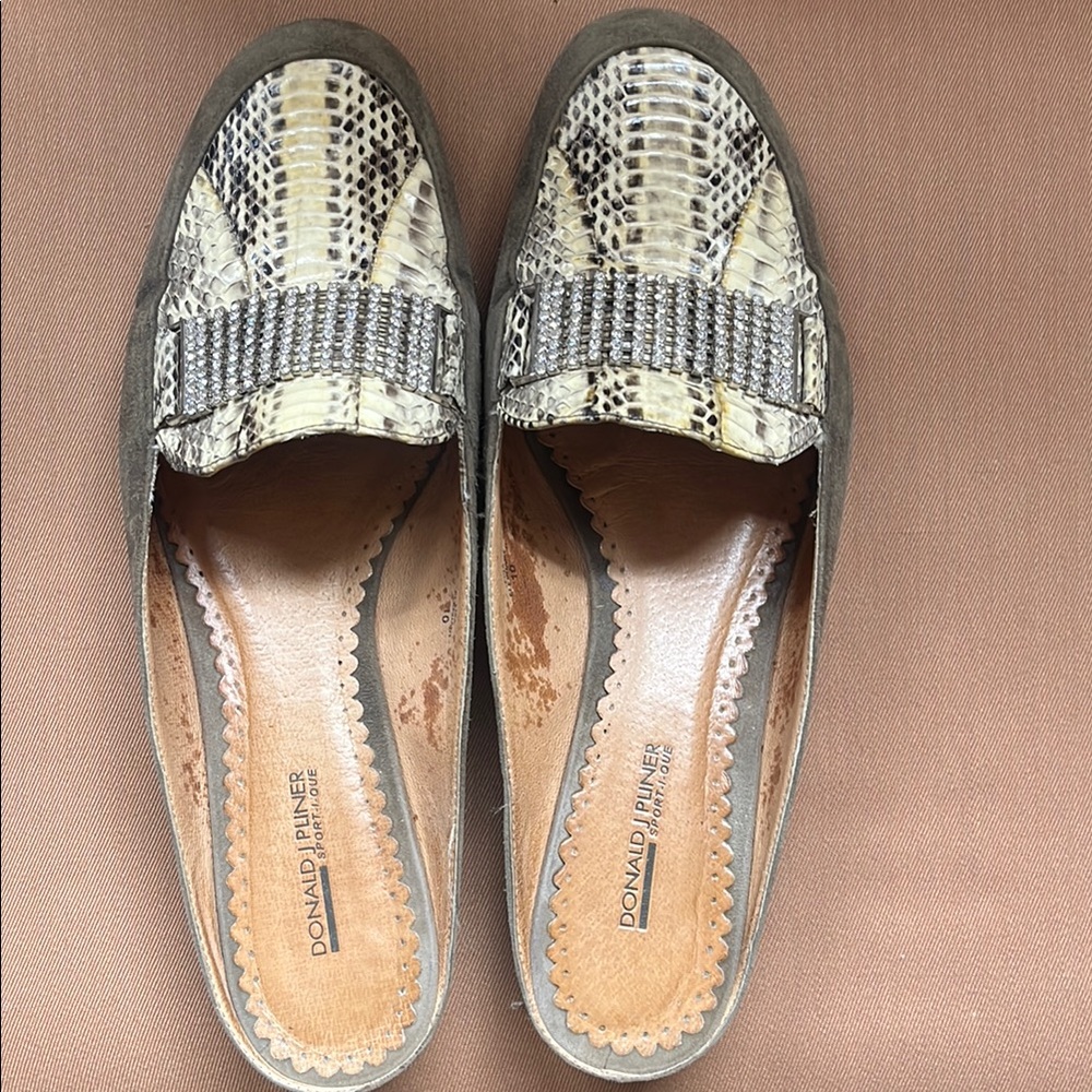 Donald J. Pliner Gray Snake-Print Loafers with Rhinestone Trim